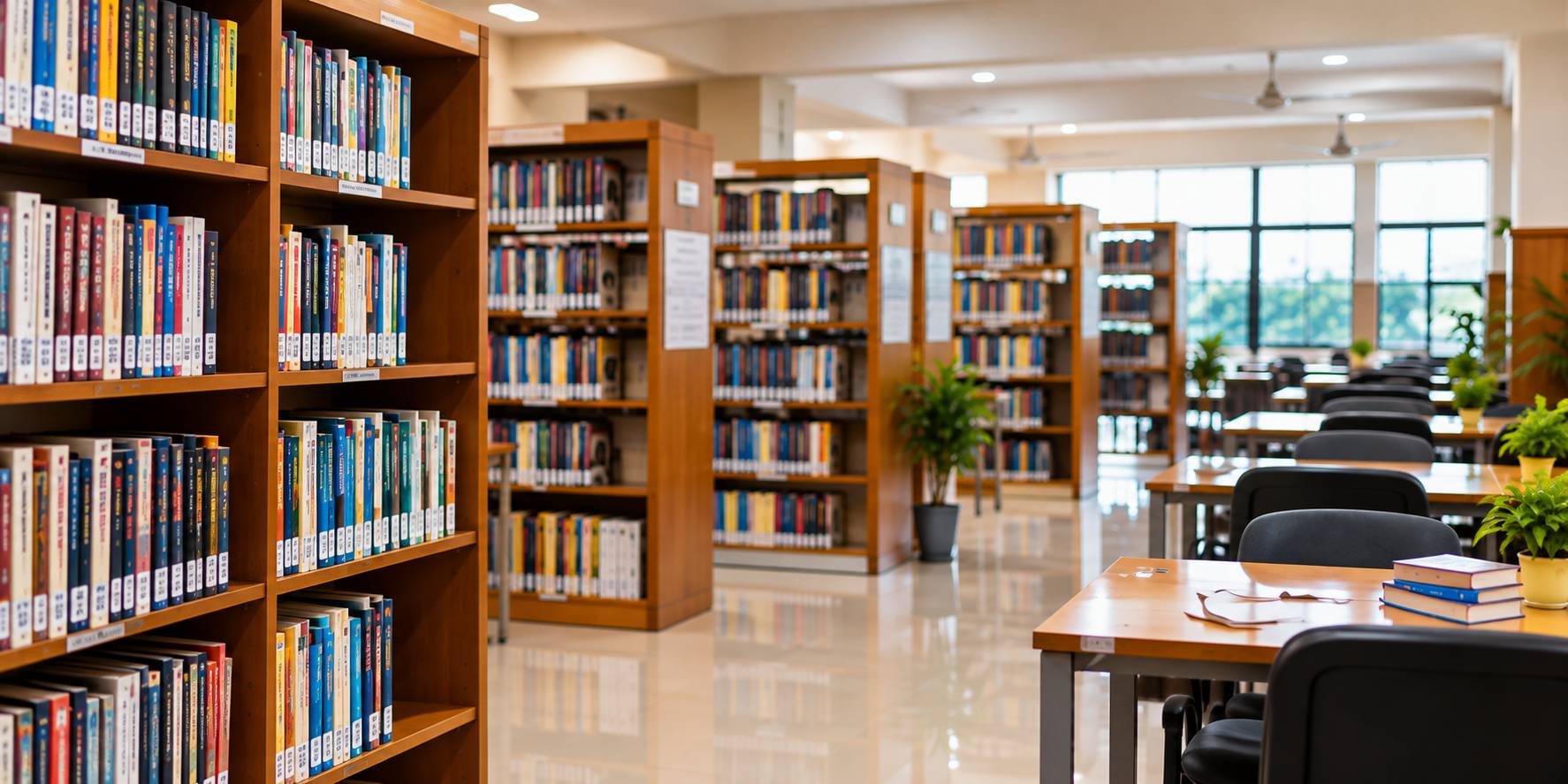 Bright modern library reading room with bookshelves and study tables